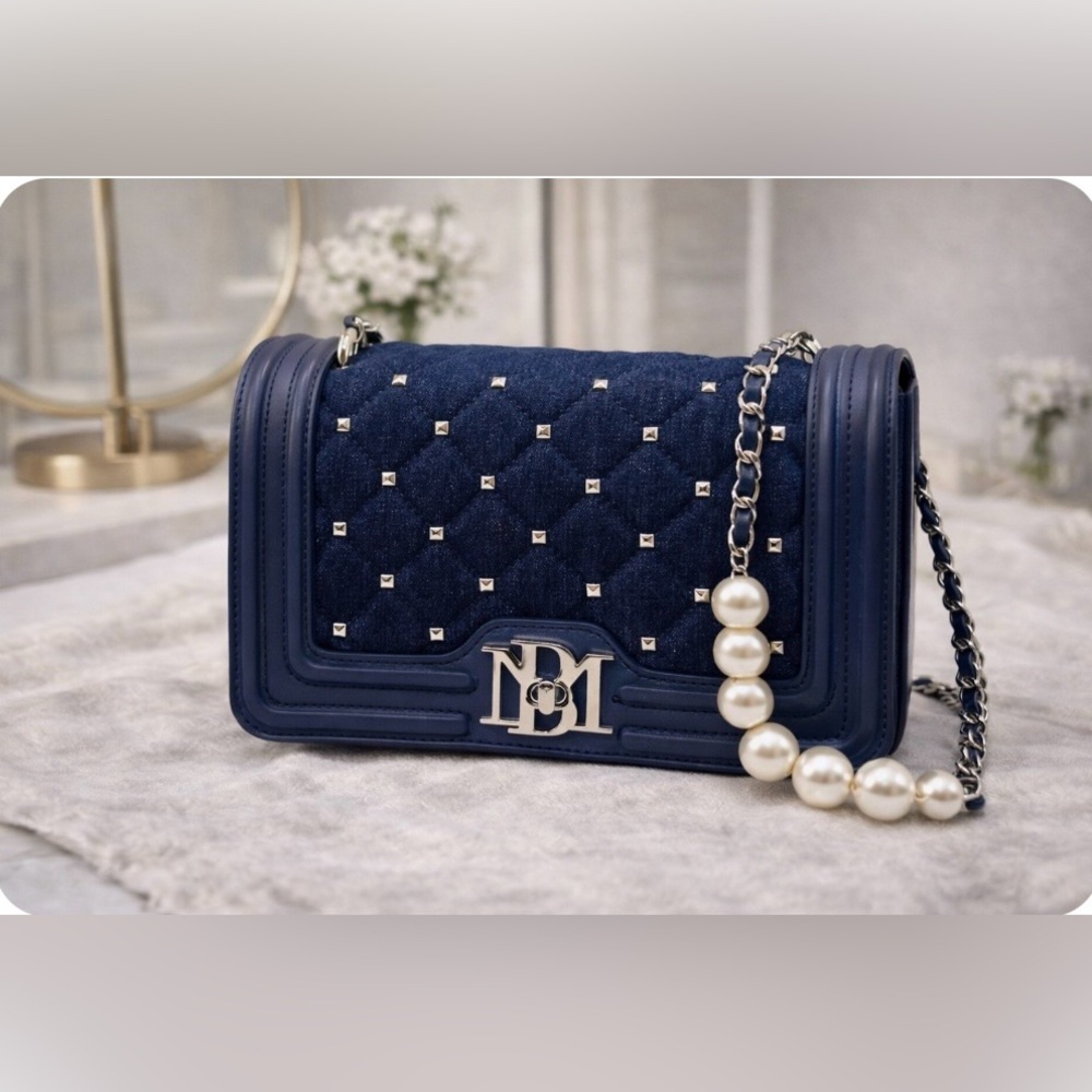 Elegant Navy Blue Quilted Bag with Pearl Chain